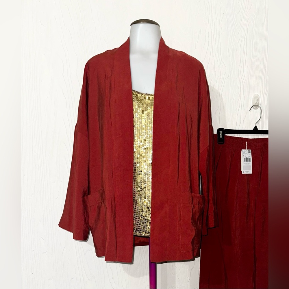 MNG Mango Linen Blend Jacket Long Blazer & Pants Slacks Burnt Orange Size Small